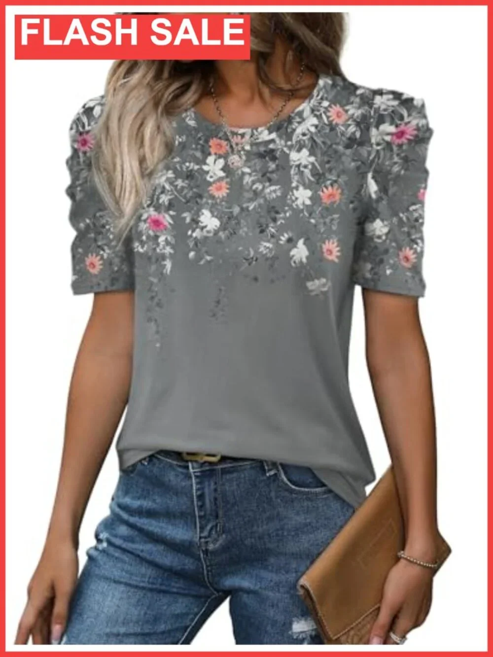 Womens Puff Sleeve Crewneck T Shirt Blouse Casual Summer Top